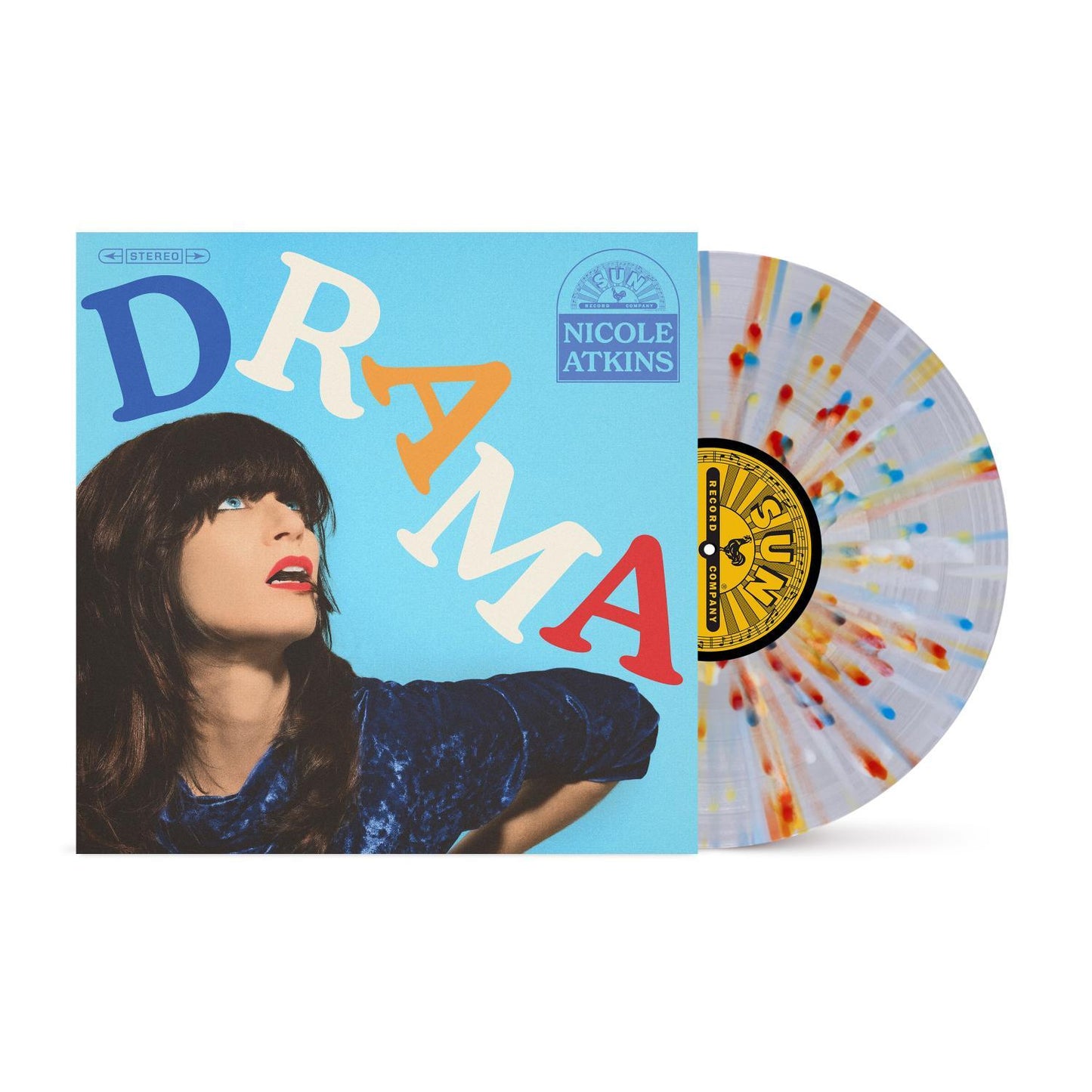 Vinyl record with cover featuring a person and colorful design, labeled 'Drama' by Nicole Atkins.
