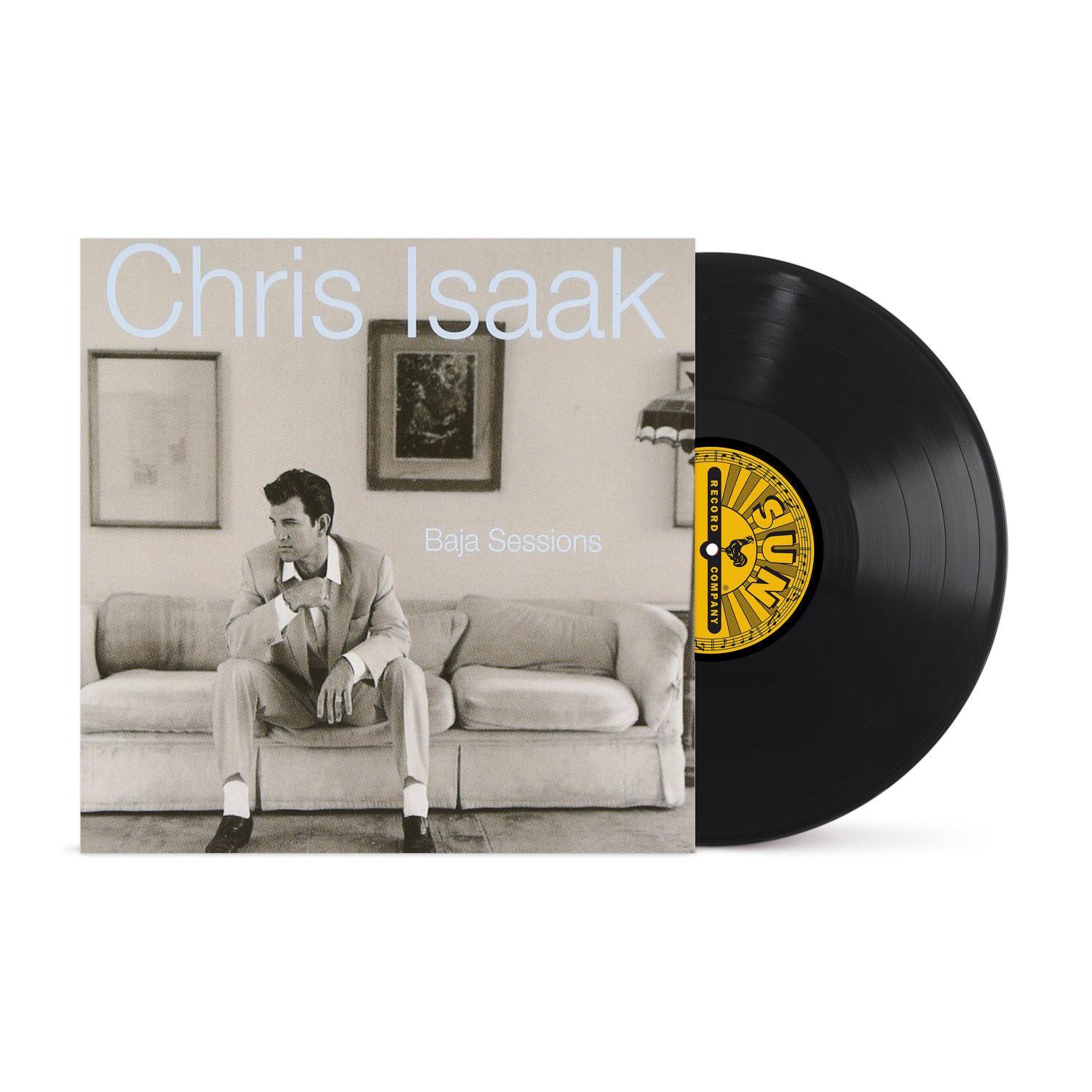Chris Isaak 'Baja Sessions' vinyl record with the album cover in front and the black record partially visible behind it on a white background.