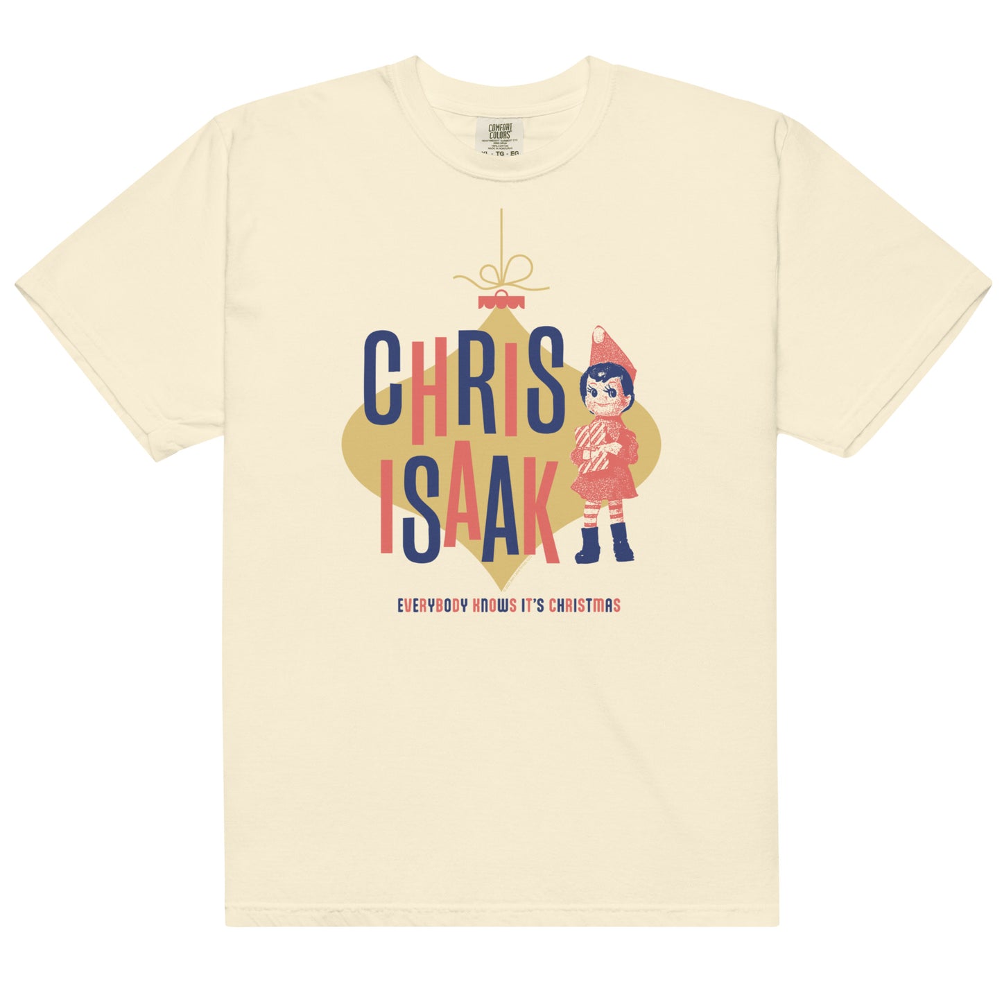 Beige t-shirt with Christmas-themed graphic and text on a white background